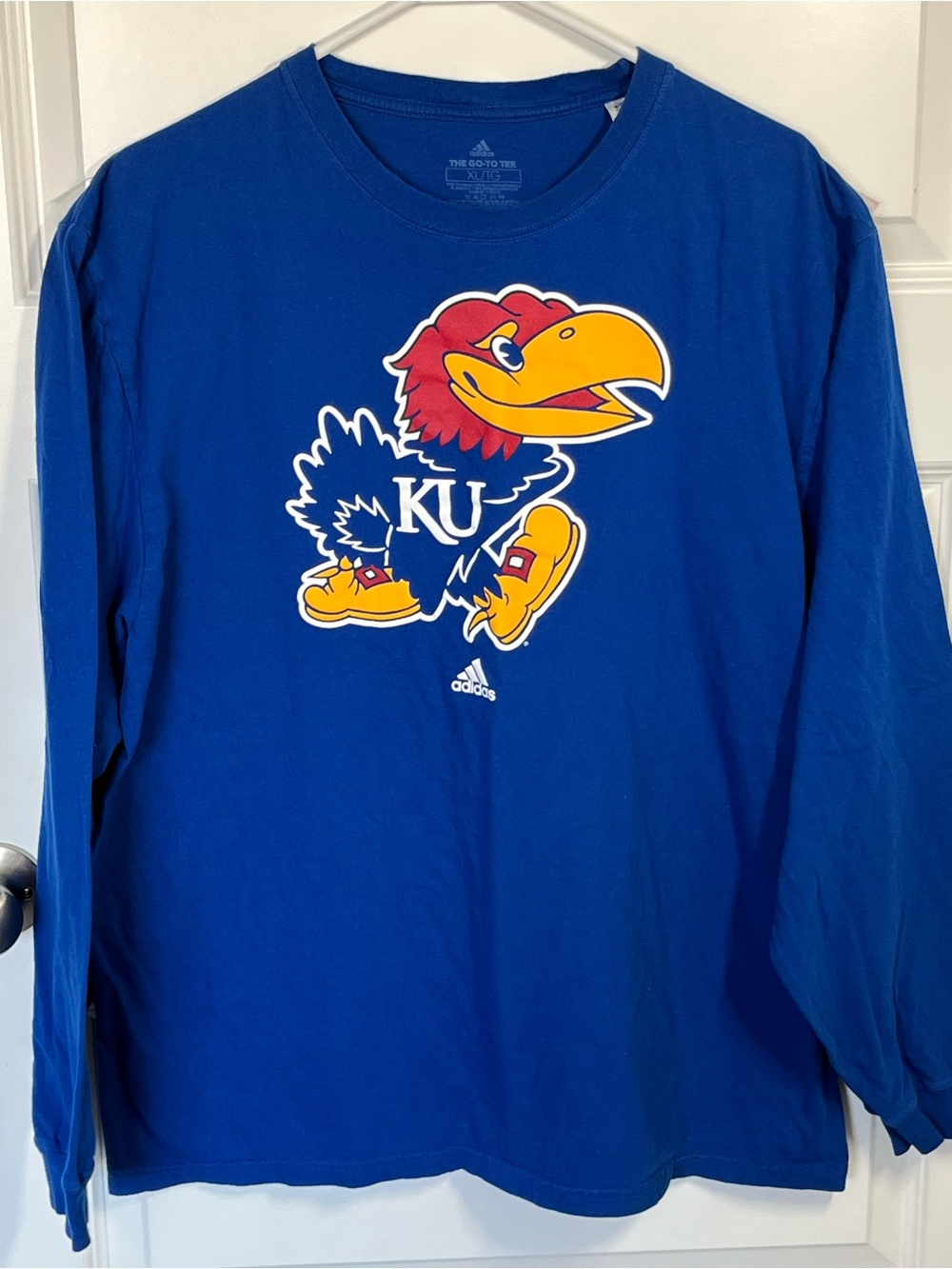 Adidas Kansas Jayhawks Long Sleeve Tee Blue KU Mascot Graphic XL